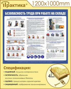 С140 Стенд  Безопасность труда при работе на складе (1200х1000 мм, пластик ПВХ 3 мм, золотой алюминиевый багет) - Стенды - Охрана труда на складе - ohrana.inoy.org